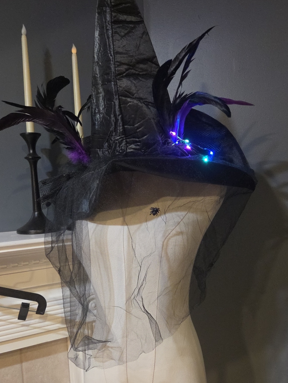 Black Feather Witch Hat with Veil and LED Accents